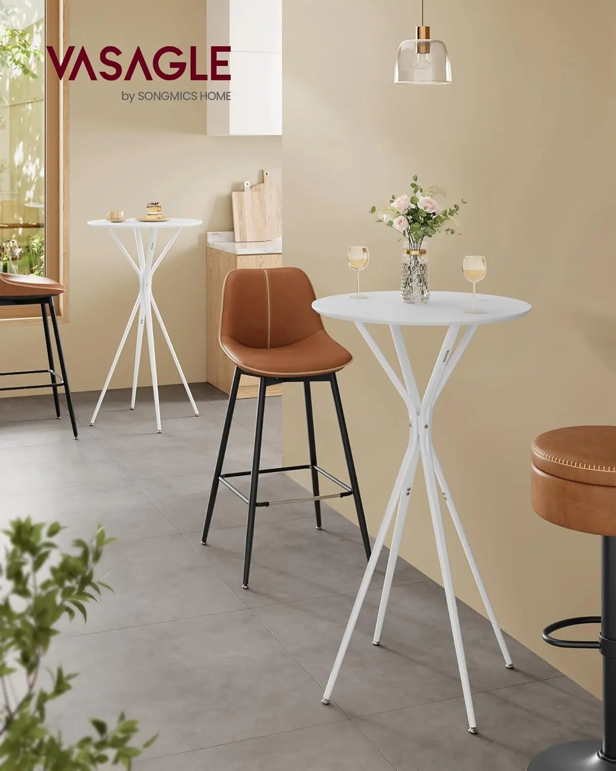 2-Pack Round Bar Tables, 41.3' High, White Metal Frame, Modern Kitchen & Home Bar, Easy Assembly