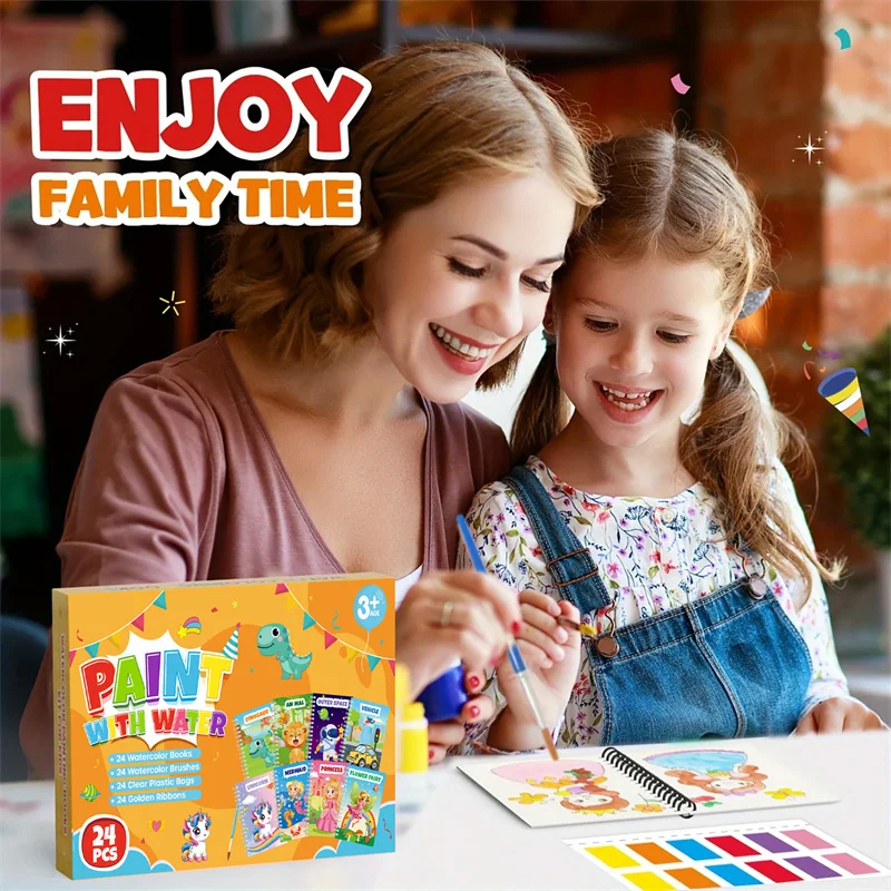 24er-Pack Aquarell-Malbücher für Kinder – englische Malbücher mit Farbe, Tier- und Prinzessinnen-Themen