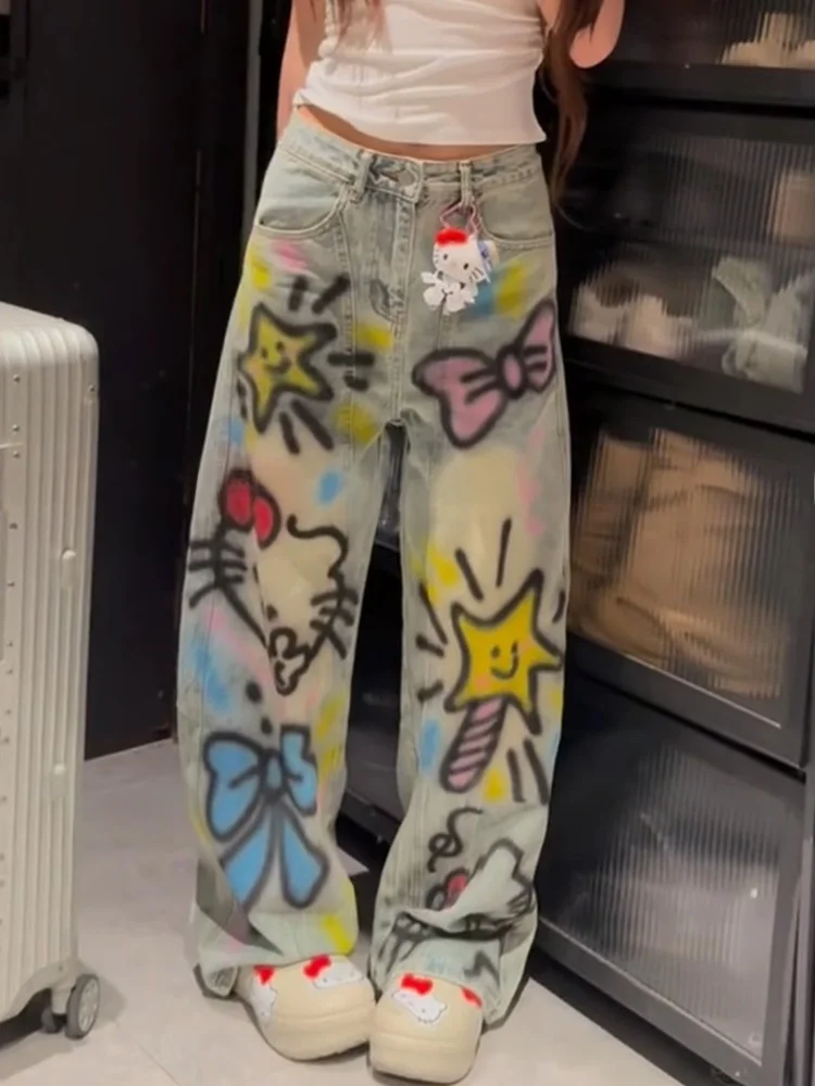 

Retro American Cartoon Hand-Drawn Graffiti High Waist Wide Leg Jeans Women's Summer Heavy Design Sense Floor-Length Knife-Sha...