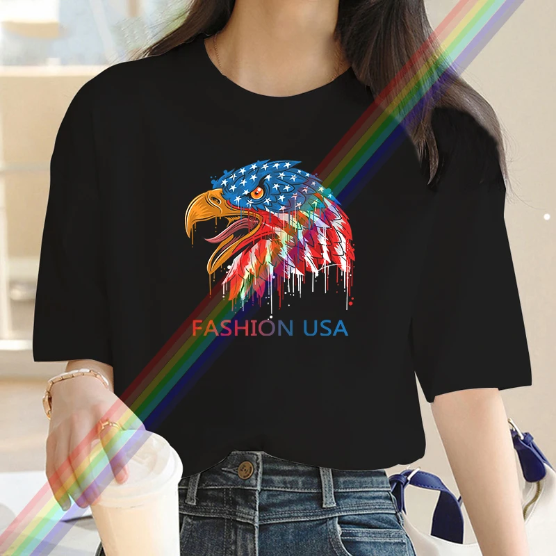 USA Eagle Head Printed Luxury Brand Fashion Woman's Lunar Crew Neck Clothing Short Sleeve T-Shirt Trend Women's Summer Y2K Top