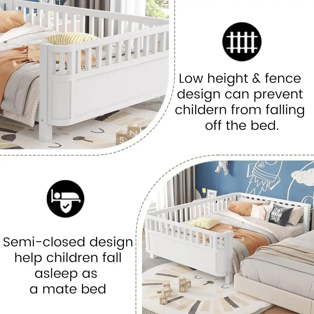 سرير أطفال مونتيسوري بالحجم الكامل مع قضبان، شرائح خشبية، سرير نهاري حديث منخفض للأولاد والبنات، أبيض #5