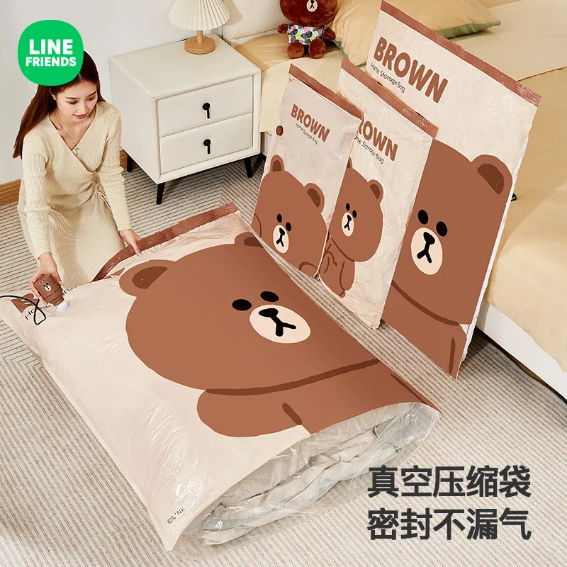 LINE FRIENDS Vacuum Compression Bag Brown Cartoon Clothing Home Sorting Bag Anime Kawaii Quilt Large Capacity Storage Bag Gift