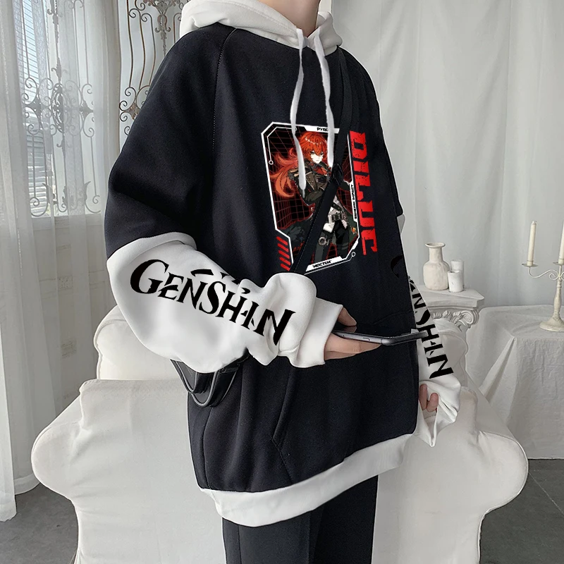 Open World Adventure Game Genshin Impact Cool Men Diluc Ragnvindr Hoodies Fashion Winter Casual Loose Fake Two Pieces Sweatshirt