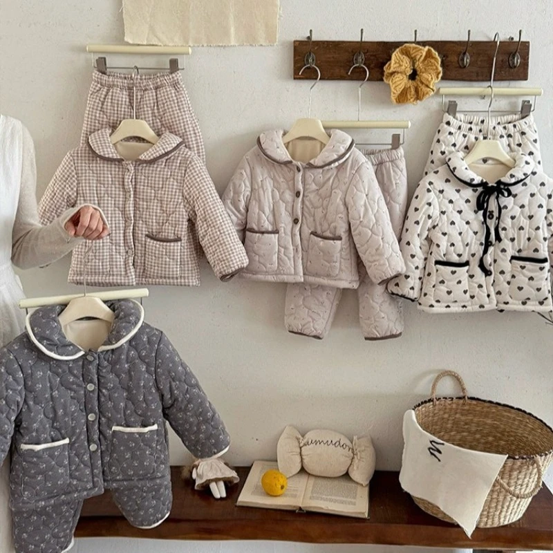 

New Winter 2025 Children's Velvet and Cotton Jacket Warm and Thick Home Cotton Clothes Two Piece Set