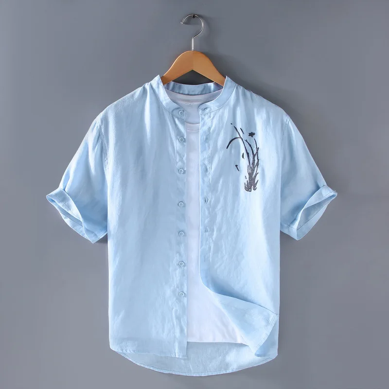 

Breathable 100% Linen Shirts for Men Summer Beach Mens Short Sleeve Tops Stand Collar Retro Orchid Embroidery Shirt Loose Shirts