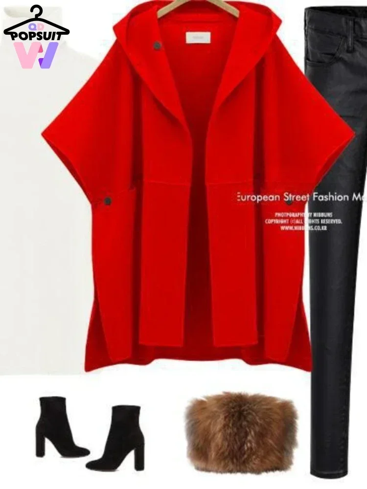 New in Cape Loose Cardigan Outwear Cloak Coats Korean Casual Solid Hooded Wool-like Jackets Pockets Street Wearing Women Wraps