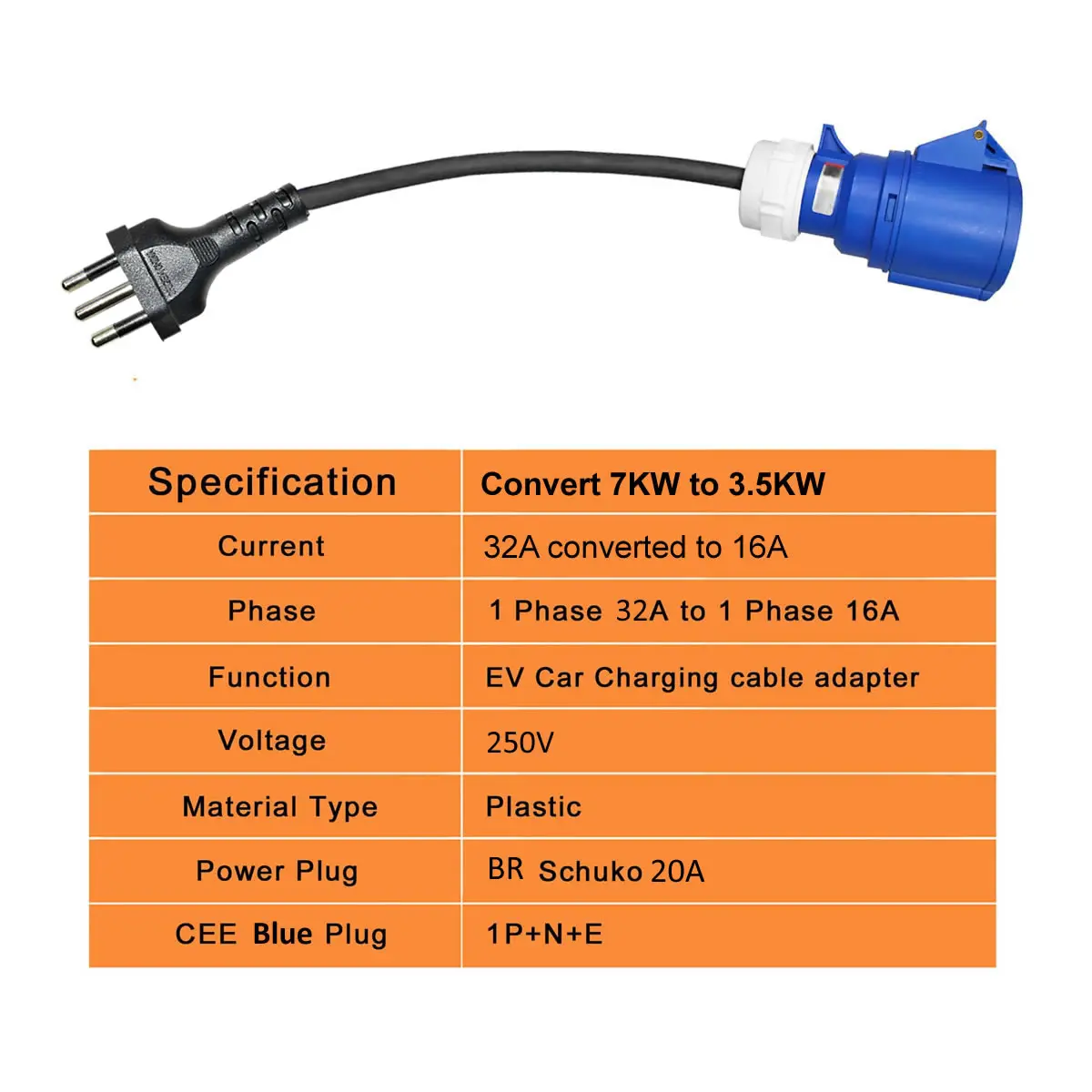 32A Blue CEE Socket 20A Brazilian Plug BR Adapter 7KW to 3.5KW Electric Vehicle Charging Adapter For Portable EV Charger