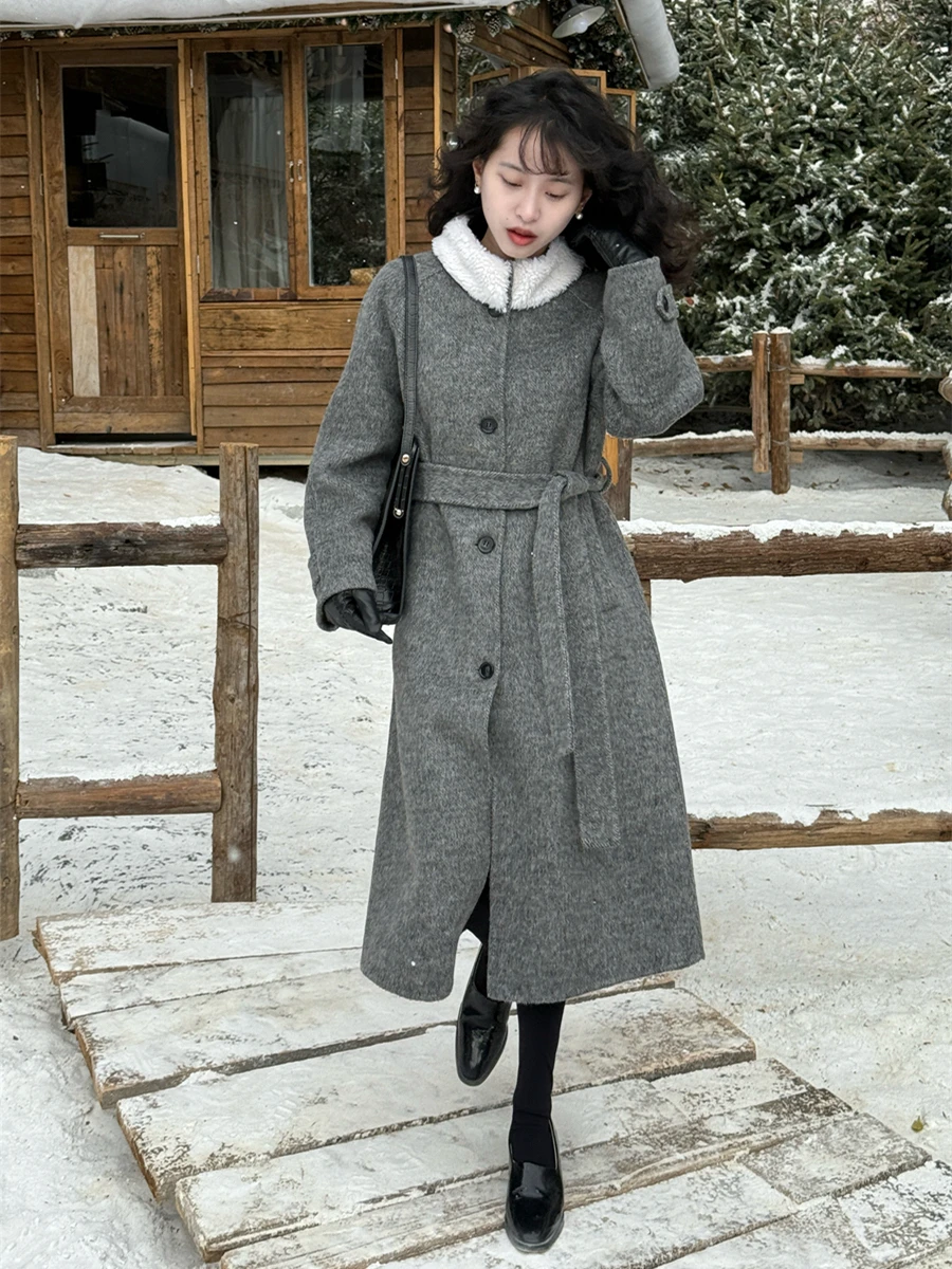 

Removable Fur Collar Double-Sided Woolen Coat Ele Sle Thiened Winter Coat for Young Women ey And Floral Camel Hair