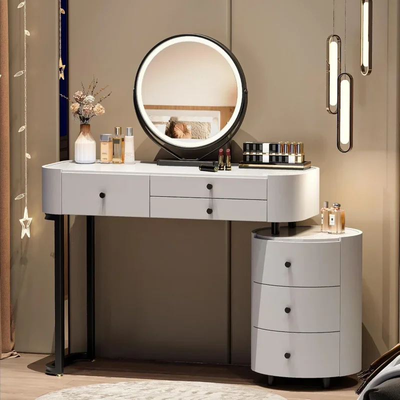 Asese Makeup Vanity Desk with 3 Mode Light Mirror,PU Top,6 Drawers and Side Cabinet – Minimalist Dressing Table for Bedroom,Whi