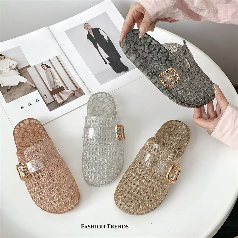 المتخصصة تصميم المرأة شقة شفافة باوتو النعال الصيف الجوف خارج النعال الكبار الفتيات عدم الانزلاق المنسوجة نصف النعال الإناث #2