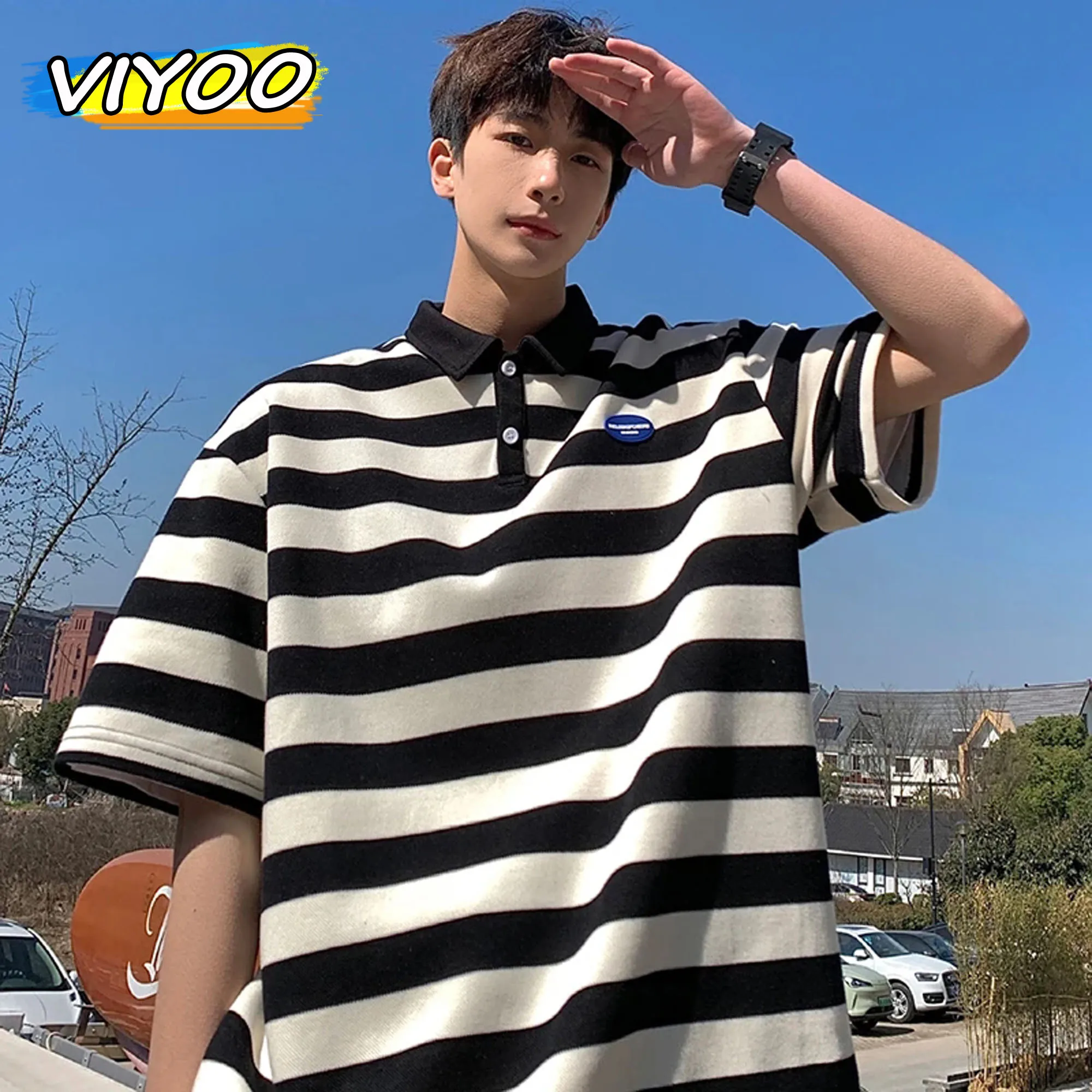 

Men's Y2K Clothing Green Striped Short Sleeve Polo Shirts t-Shirts Tops Blouse Sweatshirtts Korean Clothes 2024 Streetwear Men