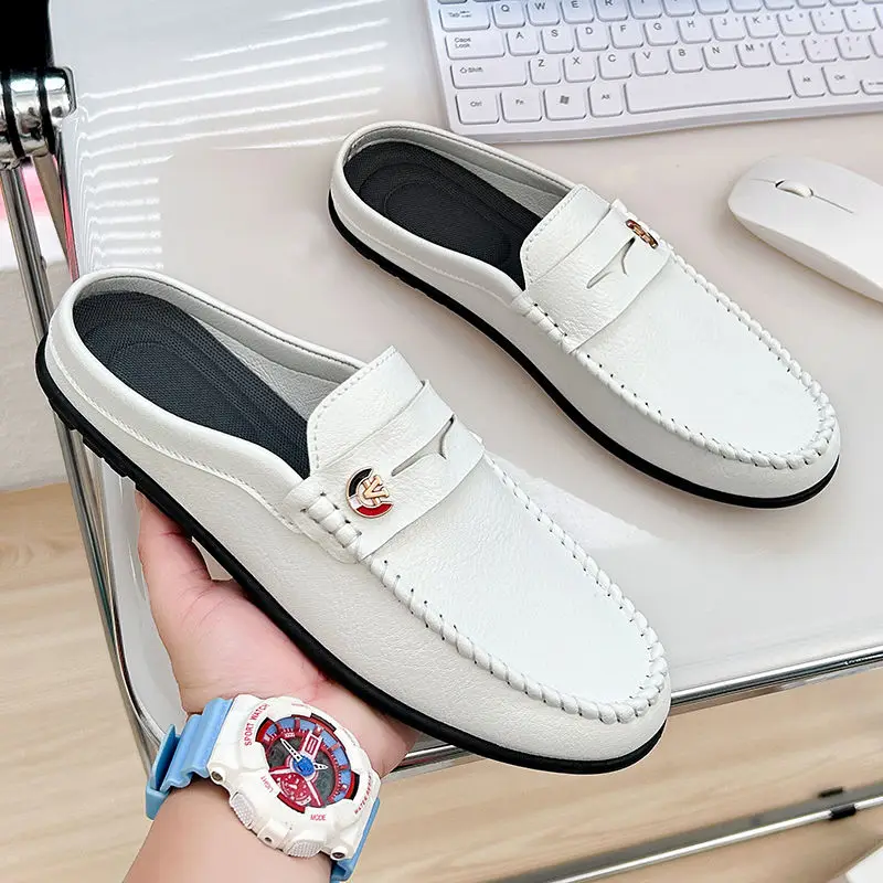 Men\'s Shoe Mules Slides Male Slipper Flat Leather Half Outdoor Summer Sale 2024 Fashion With Hot Trendy Casual Low Price Y2k