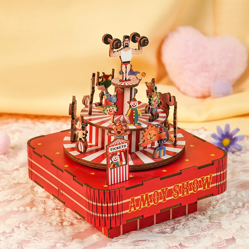 DIY 3D Wooden Circus Troupe Music Box Miniature Model Kits Jigsaw Puzzles Can Move for Children Birthday Gifts Home Decoration