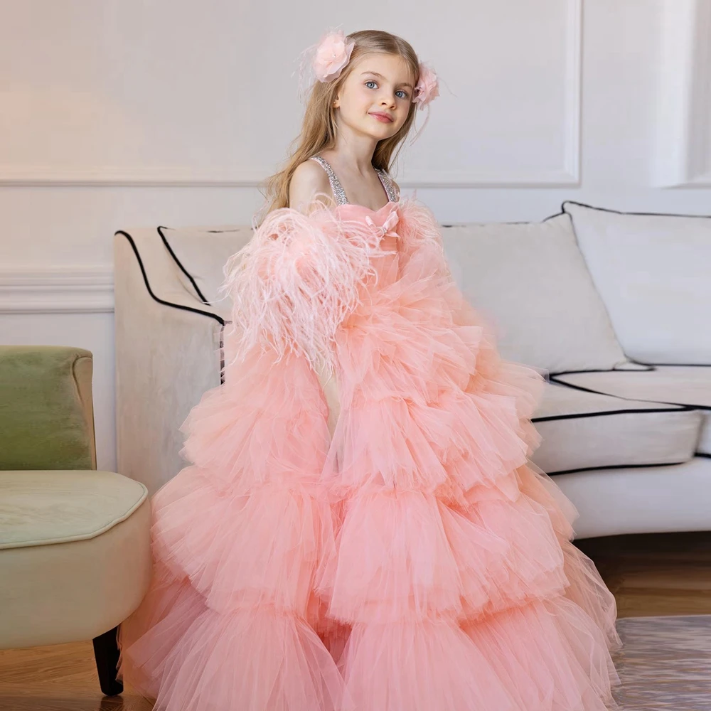 

Extra Fluffy Mesh Kids Pageant Dresses Luxury Feathers Shoulder Tiered Mesh Flower Girl Dress Lush Ruffles Tulle Wedding Gown