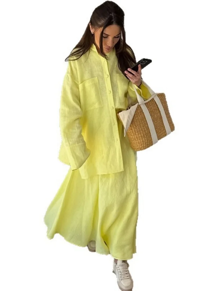 Wmstar Zweiteiliges Set für Damen, Großhandel, Damenbekleidung, 2025, Sommer, neu, lässig, locker, langärmelig, Rock, gelb, modisch