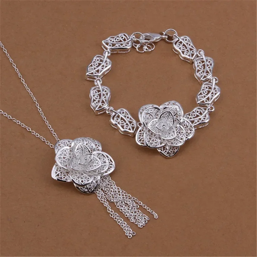 

925 sterling silver Jewelry sets for women fine flower Pendant necklace bracelet Fashion Party wedding girl Christmas Gifts