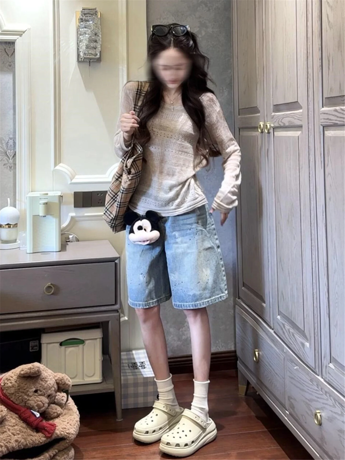 

American Style Vintage Splashed Ink Loose Fit Five-Point Denim Jeans Women's High Waist Wide Leg Straight Cut Summer Jeans