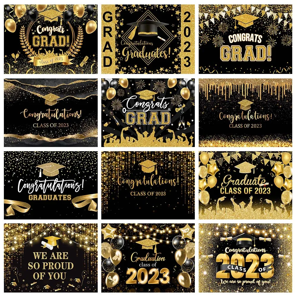 

Class of 2023 Graduation Backdrop Black and Gold Glitter Balloons Custom Photography Background Congrats Grad Party Banner Decor