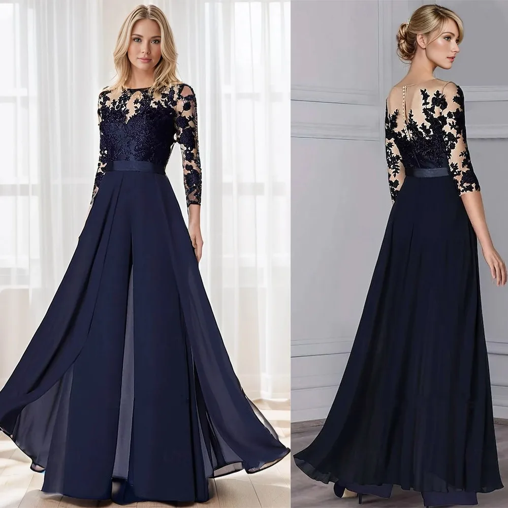 Appliques Lace Chiffon Mother Of The Bride Dresses With Sashes Jumpsuit Pantsuits Formal Evening 3/4 Sleeve Wedding Guest Gowns