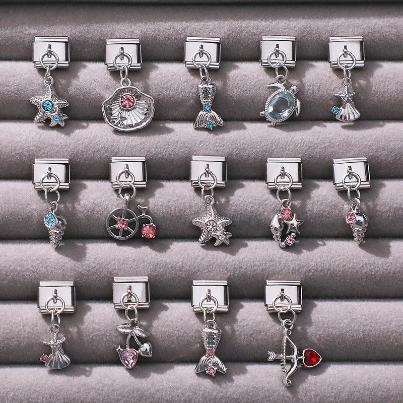 

Zircon Turtle Starfish Conch Fishtail Cherry Pendant Italian Charm Links Fit 9MM Stainless Steel Bracelet Women DIY Making Gifts