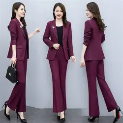 Korean Women's Graceful Blazer Long Pants Two Piece Set Spring Autumn Office Lady Black Suit Jacket Trousers Outfit Work Clothes