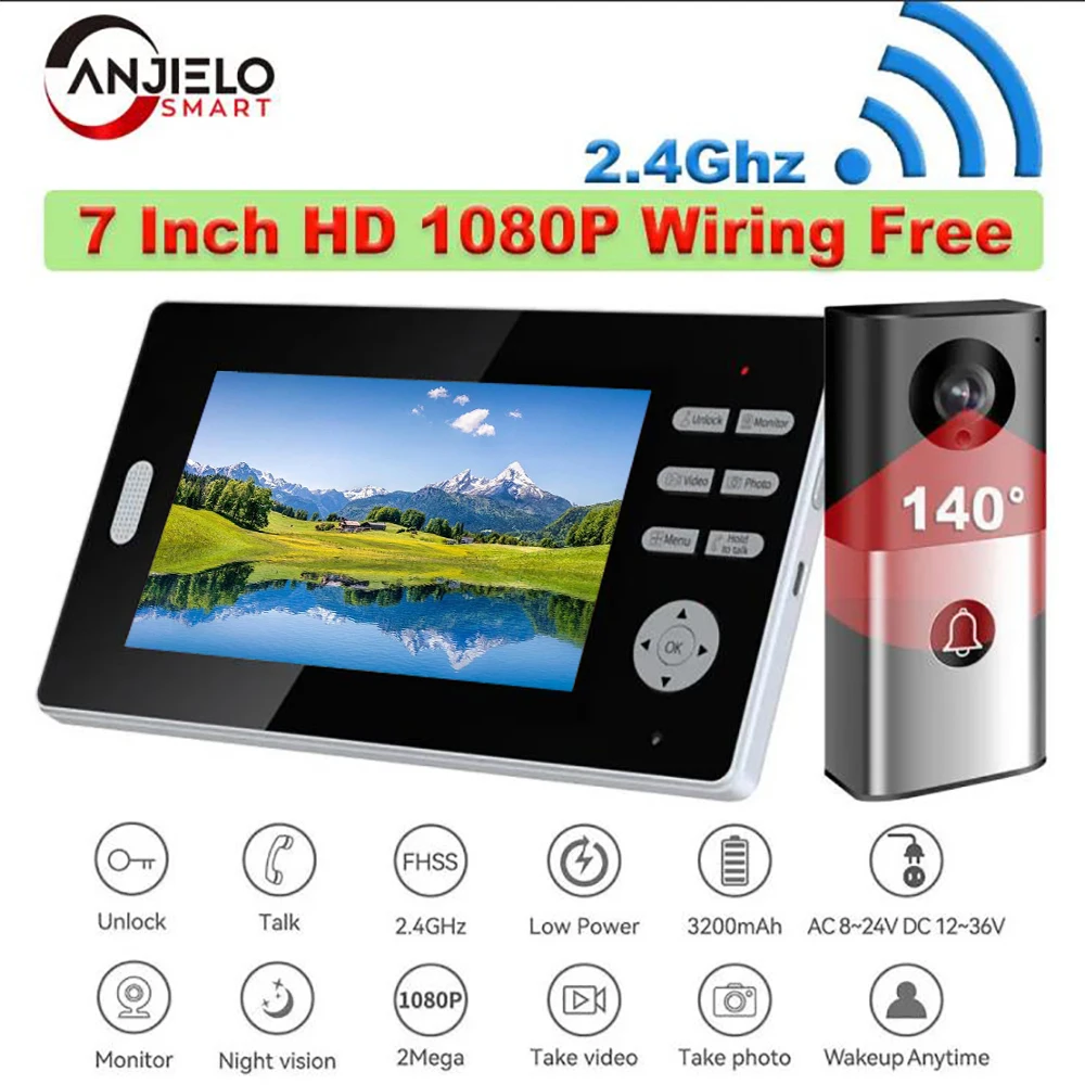 7 Inch HD 1080P 2.4Ghz Long Range Coverage Doorbell Wireless Video Intercom 2MP Door Unlock Monitor 140° Home Security Monitor