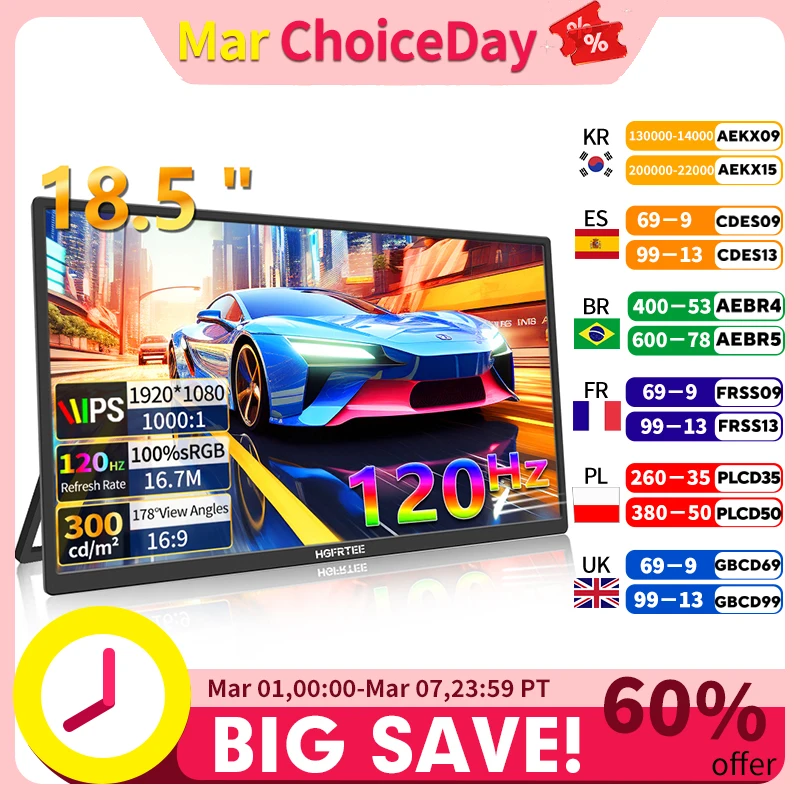 

Портативный игровой монитор HGFRTEE, 18,5 дюймов, 1080P, 16닥 120 Гц, 100% sRGB, 300Cd/m2, дорожный экран для MacBook, ноутбуков, игровых консолей для ПК