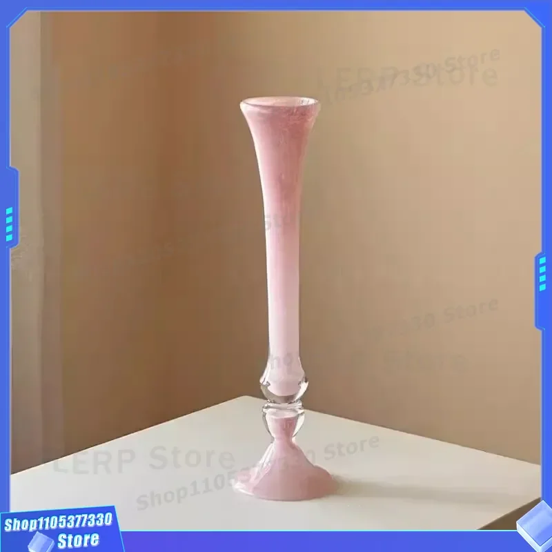 Pink Glazed Glass Vase Slender Tall Light Luxury Design Niche Medieval Ornament Advanced Sense Emotional Stability Home Decor