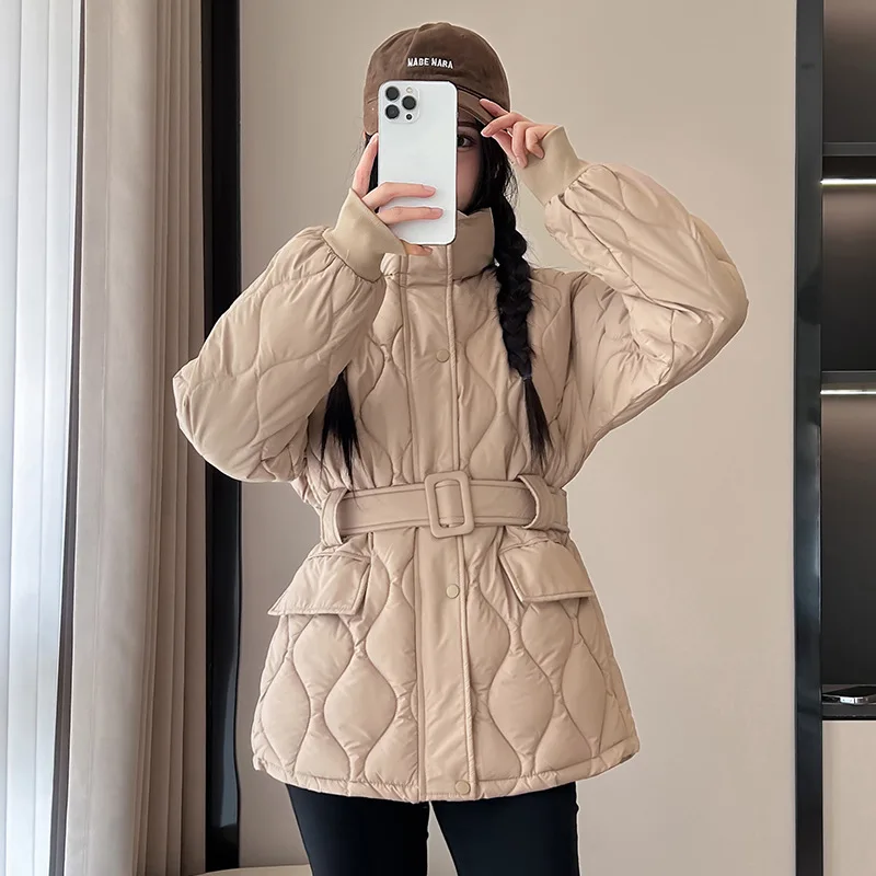 Cappotto imbottito da donna invernale Tasche con colletto alla coreana con stampa geometrica Giacca trapuntata da donna Giacca elegante in vita per signora