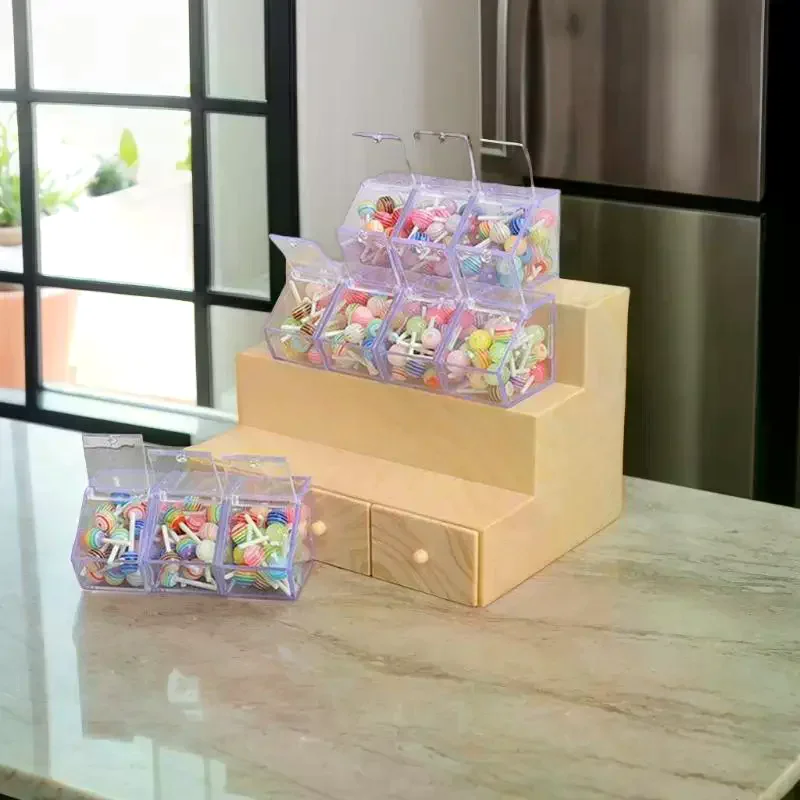 Poppenhuis miniatuur supermarktscène, schaal 1/12 simulatie opslag displayrek met lollipop fantasiespelset