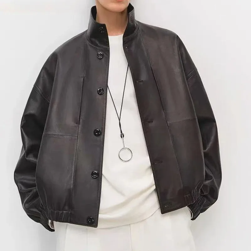 Veste en cuir minimaliste pour femmes, manteau moderne en peau de mouton véritable, col montant, Silhouette courte, haut d'hiver