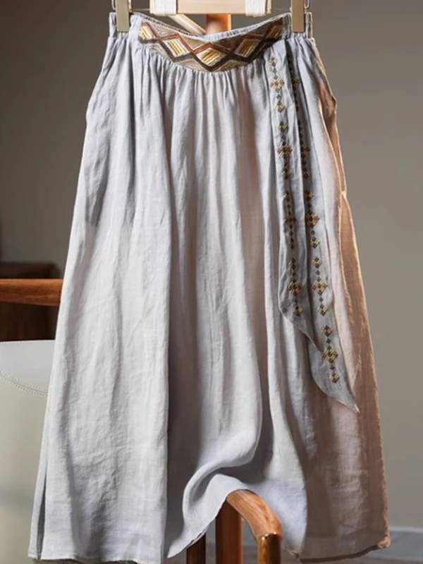 Retro Geborduurde Bloem Linnen F Rok Vrouwen Zomer Losse Hoge Taille A-lijn Katoen Linnen Rok Swingy Midi Rok