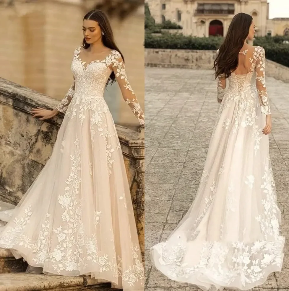 Mangas largas de encaje elegante una línea vestidos de novia Sheer Scoop Neck tul apliques tren de barrido vestidos de novia vestido de novia personalizado