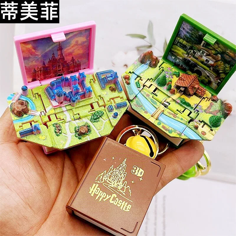 Creative 3D Pop-Up Book Keychain, Fantasy Magic Book Ornament with Castle Dinosaur Spaceship Ship Design