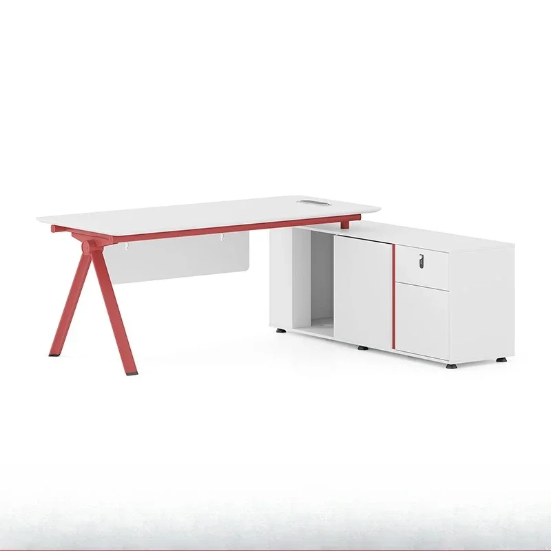Company desk furniture red and white female manager boss desk bookcase simple and modern