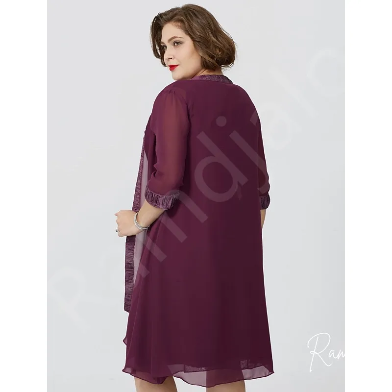 Aangepaste grote maat moeder van de bruid jurk plum chiffon knie lengte met 3/4 mouwen en bijpassende jas bruiloftsgastjurken