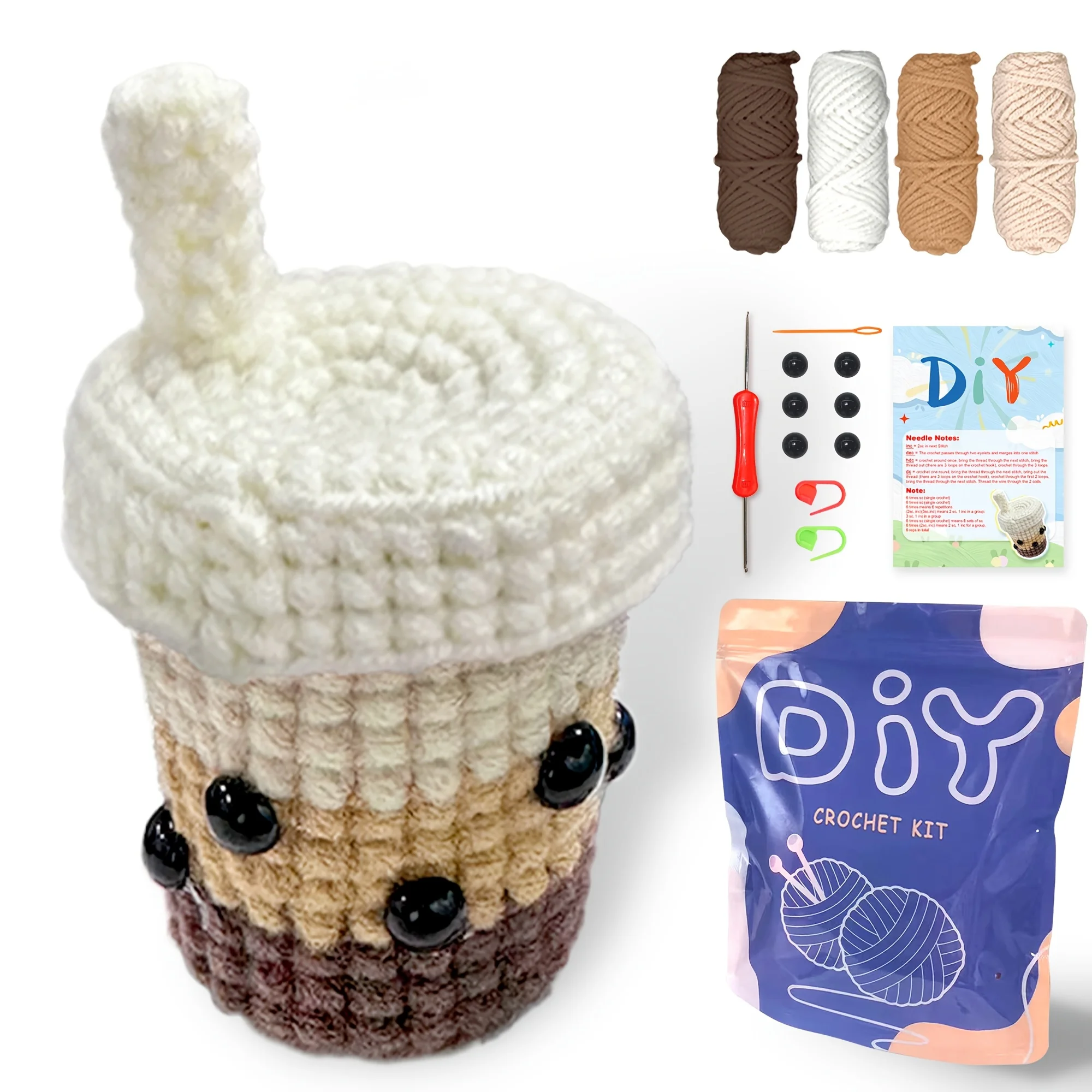 1-teiliges Häkel-Set für Milchteebecher, Amigurumi-Strickset, einschließlich Garn, Haken, Schritt-für-Schritt-Video-Tutorials und Anleitung