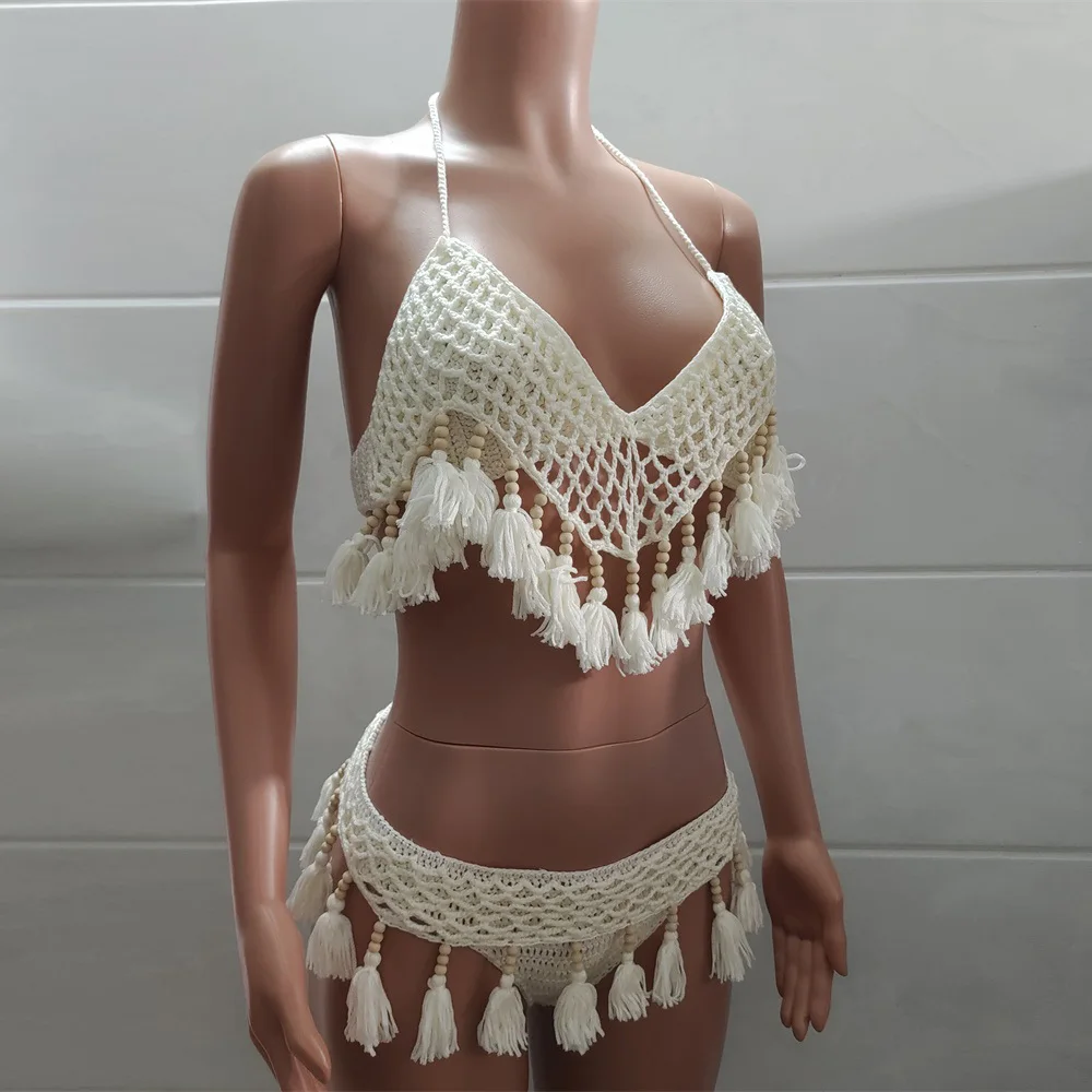 High Waist Bikini Tassel Hem Swimwear Women 2021 Solid Sexy Bikini Set Retro Knit Crochet Swimsuit Female Bathing Suit