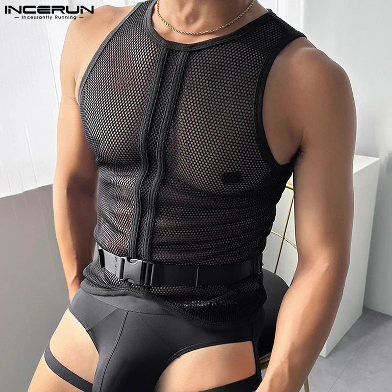 Party Nightclub Style Tops INCERUN Men\'s Buckle Mesh Knitted Hollow Vests Fashion Clubwear Male Perspective Thin Tank Tops S-5XL