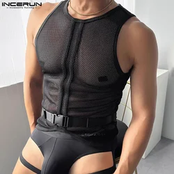 Party Nightclub Style Tops INCERUN Men's Buckle Mesh Knitted Hollow Vests Fashion Clubwear Male Perspective Thin Tank Tops S-5XL