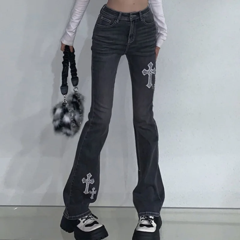 

Harajuku Gothic High Waist Chic Denim Pants Women Streetwear Y2k Cross Embroidery Slim Flare Pants Female Vintage Jeans Trousers