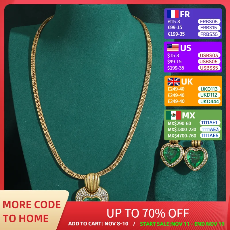 

Vintage Green Jewelry Set For Woman Crystal Heart Pendant Necklaces Snake Chain Rhinestones Earrings Luxury Wedding Accessories