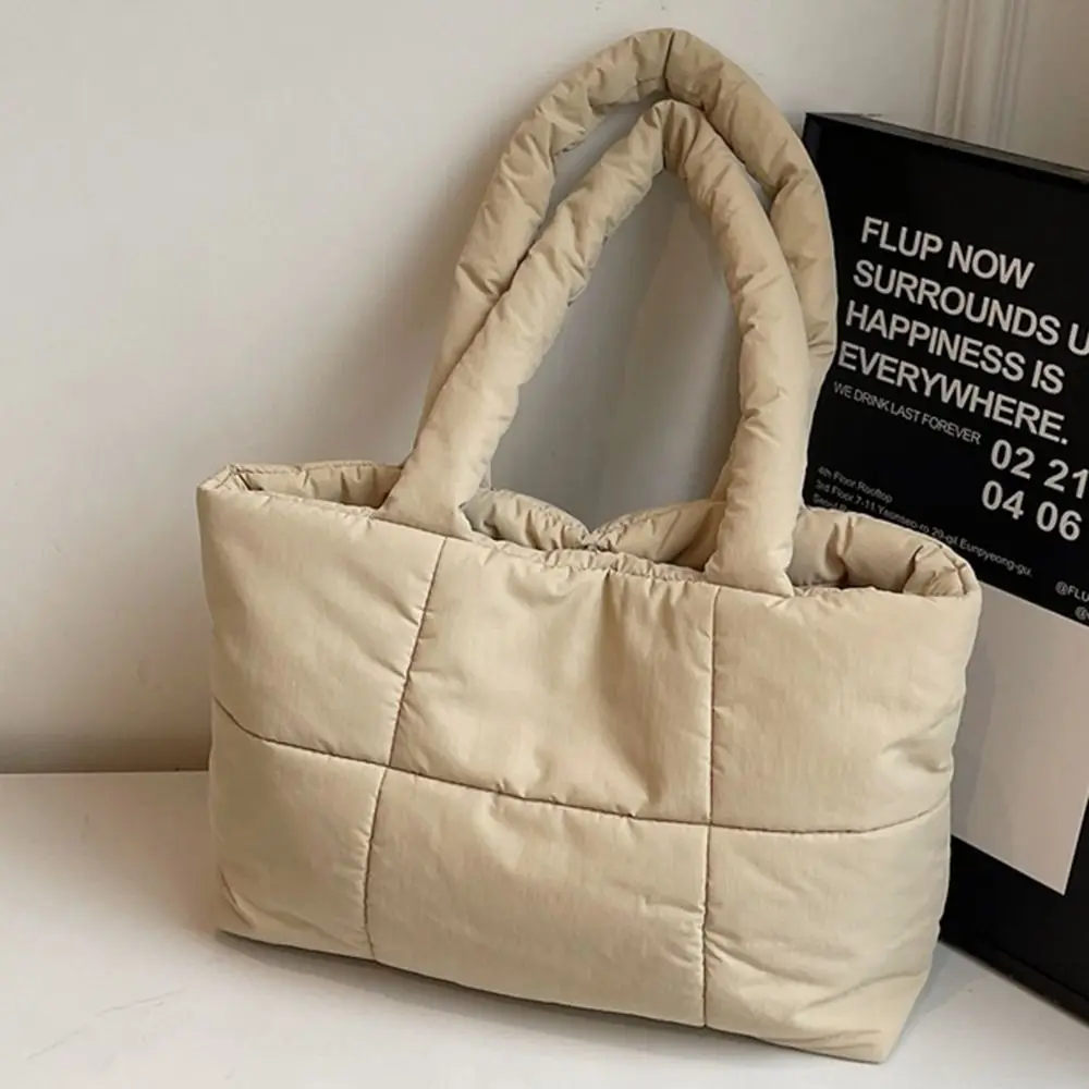 

Trendy Cotton Padded Puffy Bag Large Capacity Checkered Shoulder Bag Lightweight Casual Handbags College