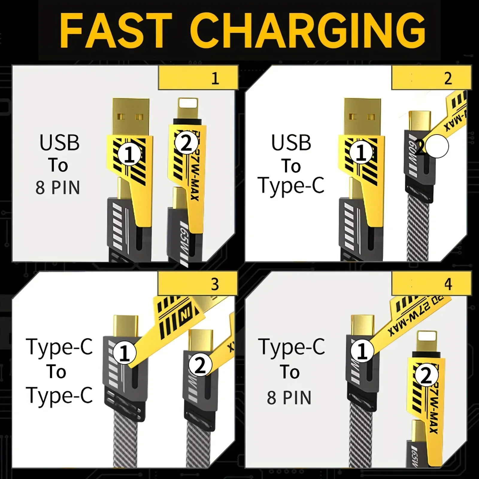 4 in 1 Charging Cable Type C USB Multifunction PD Fast Charging Cable 65W For Phone 15 14 13 For Samsung S23 For Xiaomi
