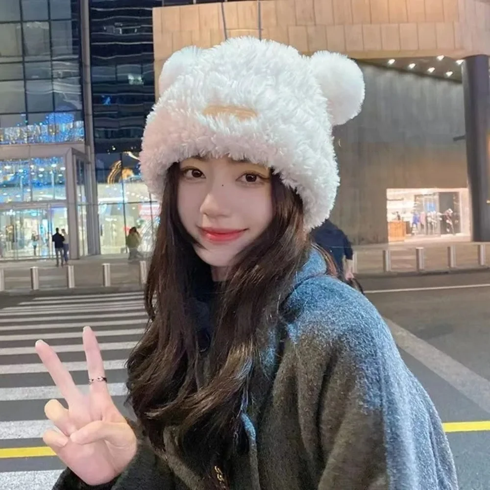 Thickened Warm Warm Ear Protection Hat Cute Coldproof Bear Ears Knitted Hat Soft Pompom Fluffy Warm Earflaps for Unisex