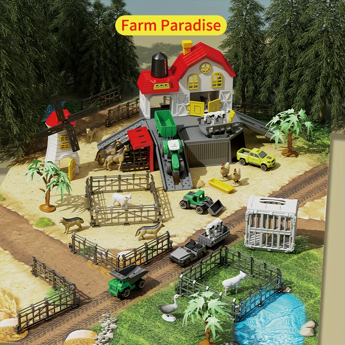 子供向け農場動物プレイセット、農場動物付き納屋プレイハウス、トラクター、トラック、フェンス、風車、プレイマット、40個以上