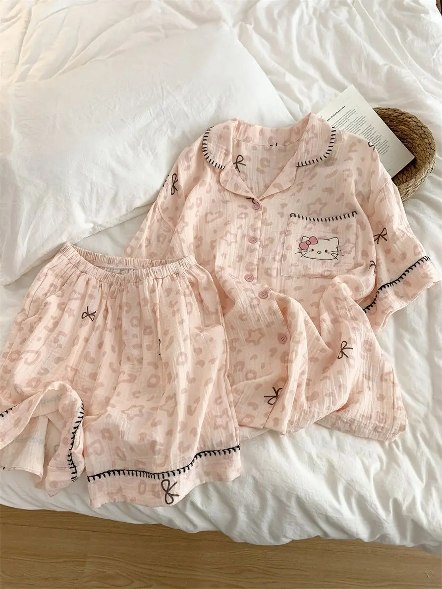 Sanrio-Pijama bonito de Hello Kitty Y2K, pantalones cortos de manga corta, ropa de dormir de verano, ropa de dormir con estampado de leopardo, ropa de casa para mujer