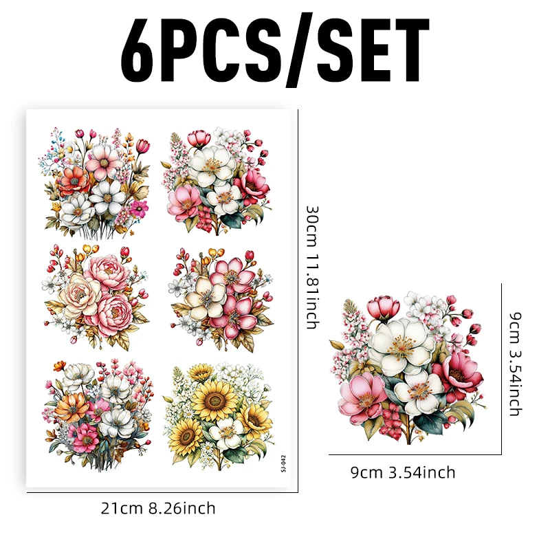 6pcs Sunflower Peony Rose Crystal Transfer Decals atercolor Floral Bouquet UV DTF Cup Wrap Stickers DIY Craft Supplies