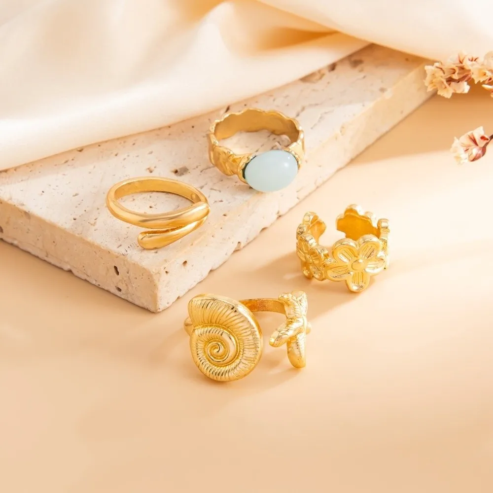4Pcs/set Ocean Style Toe Ring Set Multi Shape Metal Base Starfish Ring Gem Inlay Stack Match Flower Toe Band Pool Leisure