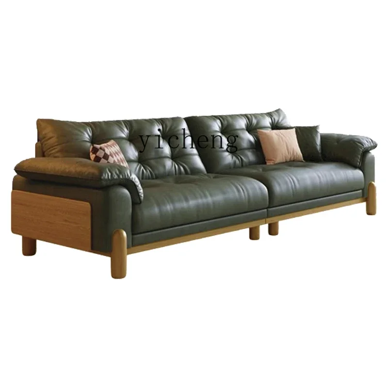 living room solid wood sofa three-person cloud leather sofa retro real cowhide sofa